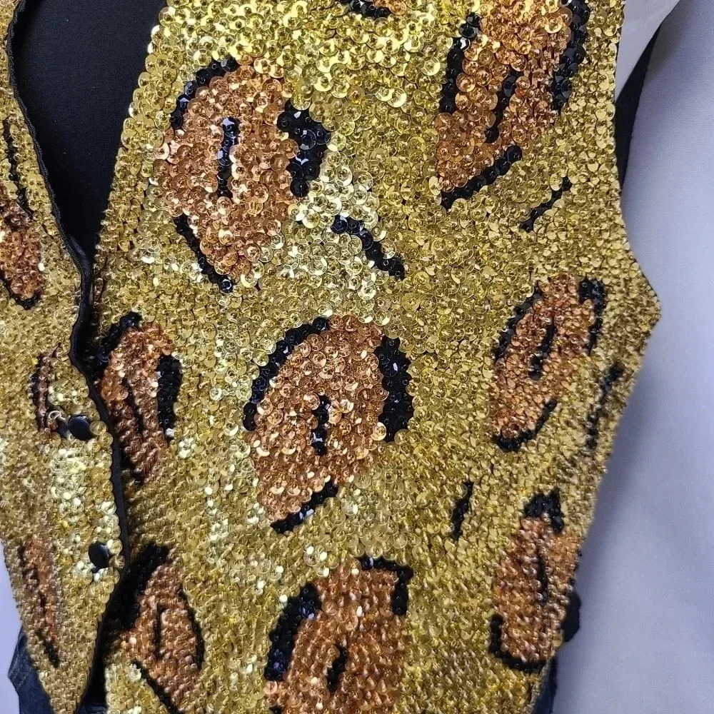 Chantik Vintage Full Sequin Vest Cat Eye Leopard Print Orange Gold Black - Picture 6 of 13